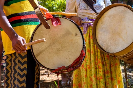 Ethnic and rudimentary drums in a religious festival