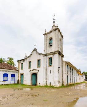 Famous white church facade in the ancient and historic city of Paraty on the south coast of the state of Rio de Janeiro founded in the 17th century