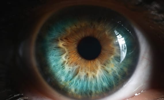 Closeup of green human eye in low light technique