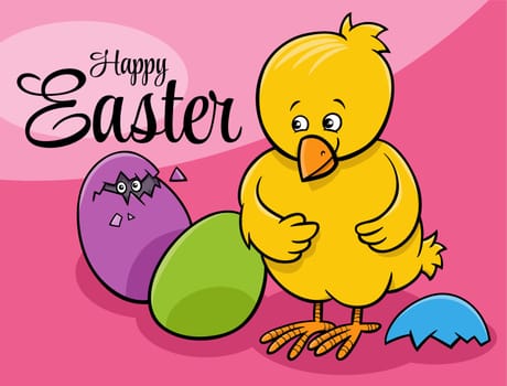 cartoon Easter Chick with Easter eggs greeting card