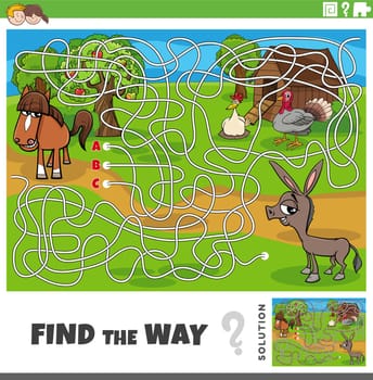 find the way maze game with cartoon farm animals