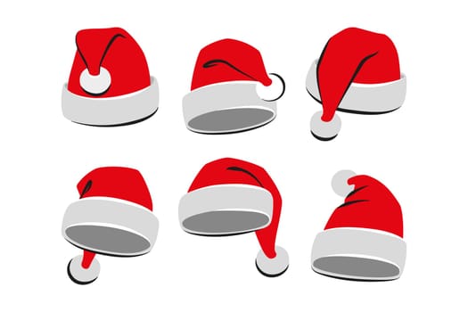 Collection of red Santa Claus hats. Vector illustration. Flat