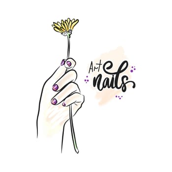 Yellow chamomile flower, in hand in short nails, hand lettering