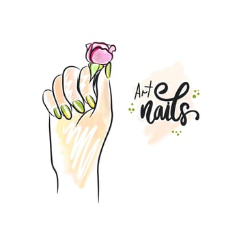 Delicate rose in pink colors, beautiful nails in light green color, hand lettering