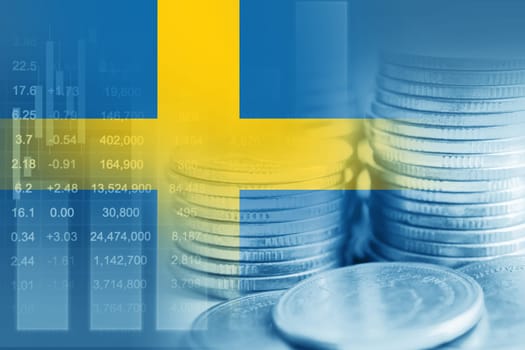 Sweden flag with stock market finance, economy trend graph digital technology.