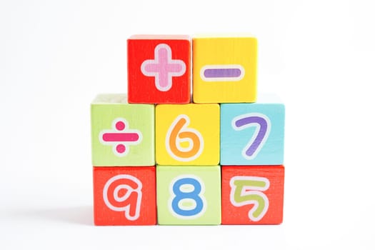 Number wood block cubes for learning Mathematic, education math concept.  