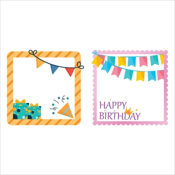 Happy birthday frame design with calligraphy and party banner. Happy birthday photo frame design with gifts and party elements. Collection of birthday photo frames vector.