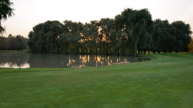 Green golf course with willow and pond views