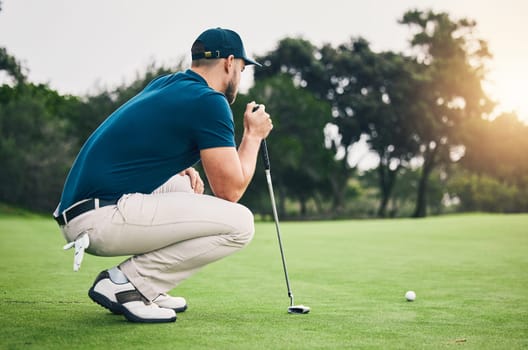 Fitness, sports and golf with man on field for training, competition match and thinking. Games, challenge and tournament with athlete playing on course for exercise, precision and confidence