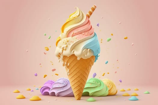 An ice cream cone with different colors on a pastel background 3D style 3D illustration