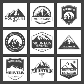 Mountain travel, outdoor adventures logo set. Hiking and climbing labels or icons for tourism organizations, events, camping leisure.
