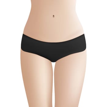 Beautiful woman s body in black bikini panties. Realistic vector template for design. Women health and intimate hygiene concept.