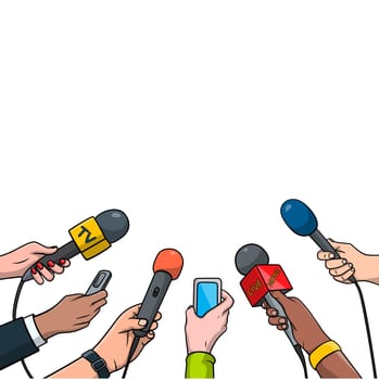 Journalism concept illustration in pop art comic style. Set of hands holding microphones and voice recorders. Hot news template, isolated on white background. Vector EPS10.
