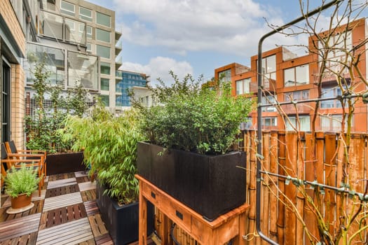 a roof terrace with wooden decking and plants