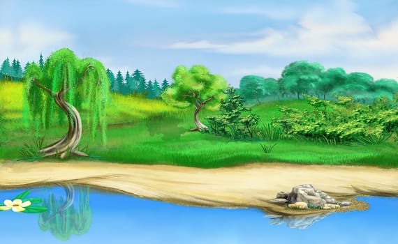 Willow trees by the river illustration