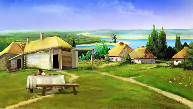 Old Ukrainian village on the river bank illustration