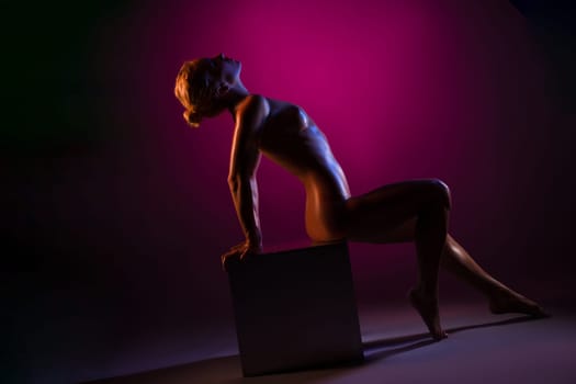 Naked woman silver cube under color light