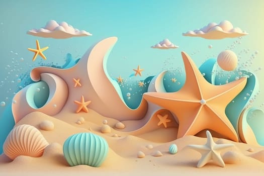 3D beach scene background with starfish and seashells. Plasticine clay dough illustration for kids