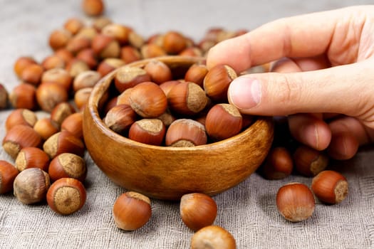 Hazelnuts in wooden bowl on a linen napkin background. Organic hazelnut.