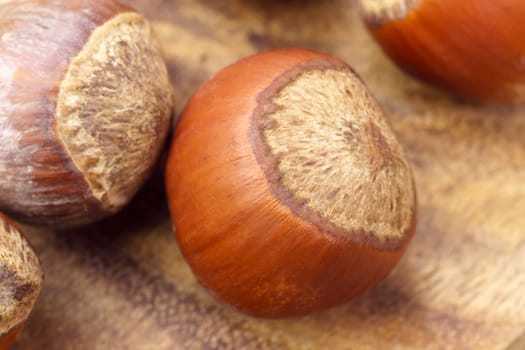 Hazelnut on wooden table. Heap or stack of hazelnuts. Close up macro