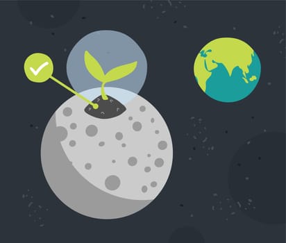 In the lunar soil, the plant grows. The moon in space on the background of planet earth.