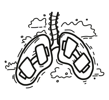 Dumbbells in the lungs against the background of clouds. The concept of polluting the atmosphere of co2 and it's hard to breathe. The vector illustration is drawn manually.