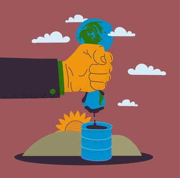 A big hand squeezes oil from the planet earth. Oil flows into the barrel. The concept of the exhaustion of minerals. Vector illustration.
