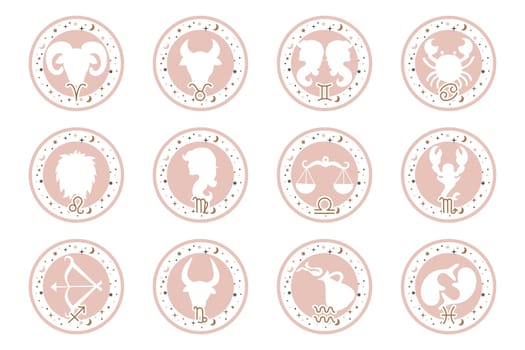 Astrology zodiac signs set, mystical round icons. Esoteric symbols for logo or icons. Pastel colors