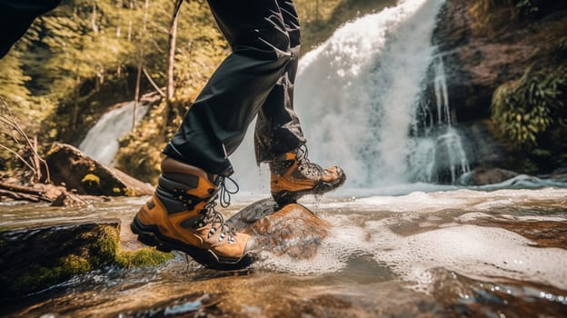Muddy hiking boots and splash of water