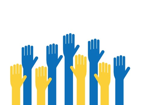 Together with Ukraine. Flat simple illustration of hand up colors Ukrainian flag blue and yellow. Solidarity with Ukraine and asking for help