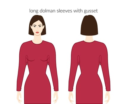 Dolman sleeves with gusset Magyar long length clothes lady character in dress, top, shirt technical fashion illustration