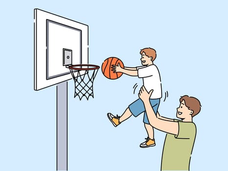 Smiling loving father play basketball with son. Happy dad hold boy child in hands help throw ball in basket. Family game leisure activity. Vector illustration.