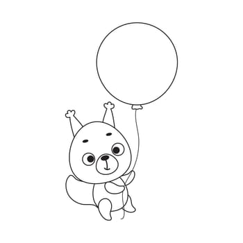 Coloring page cute little squirrel flies on balloon. Coloring book for kids. Educational activity for preschool years kids and toddlers with cute animal. Vector stock illustration