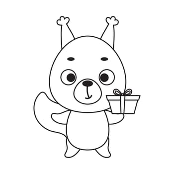 Coloring page cute little squirrel with gift box. Coloring book for kids. Educational activity for preschool years kids and toddlers with cute animal. Vector stock illustration