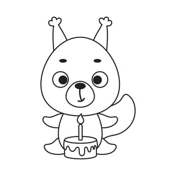 Coloring page cute little squirrel with birthday cake. Coloring book for kids. Educational activity for preschool years kids and toddlers with cute animal. Vector stock illustration