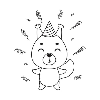 Coloring page cute little squirrel in birthday hat. Coloring book for kids. Educational activity for preschool years kids and toddlers with cute animal. Vector stock illustration