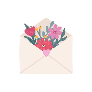 Cute bouquet of flowers inside the envelope. Vector flat hand drawn illustration. Perfect for Valentines day, birthday greeting cards