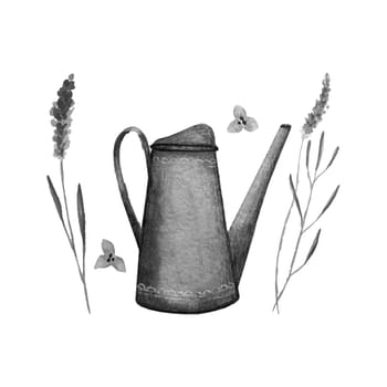 Garden watering can and lavender monochrome stylized watercolor.
