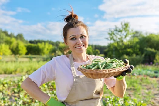 Woman gardener farmer with basket of fresh green string beans
