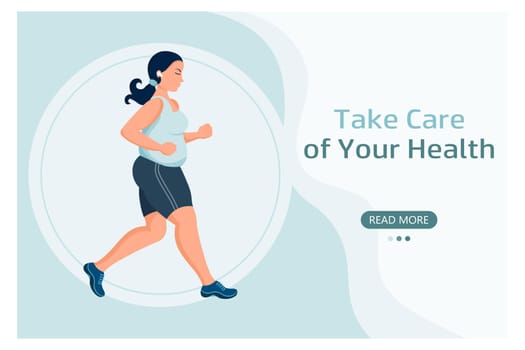 Fat woman goes in for sports, healthy lifestyle banner. The concept of medicine and healthcare. Web banner, landing page, illustration, vector