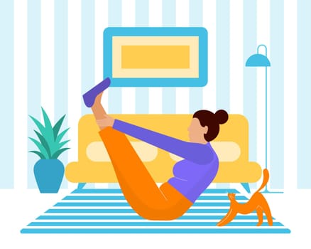 A woman does yoga with a cat in a home interior. Flat illustration in cartoon style, vector