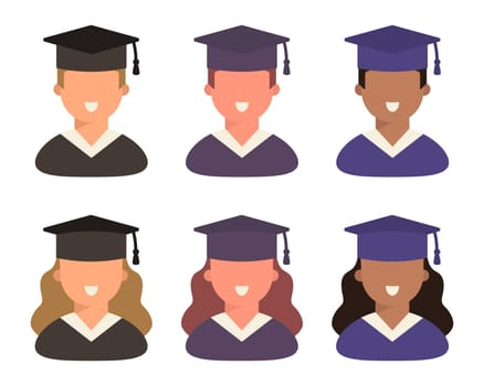 A set of graduate students avatars. Portraits of students in graduation hats. Icons