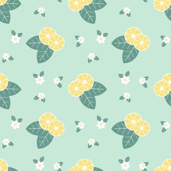 Seamless pattern, mint leaves and chamomile flowers with lemon slices, top view.Print, background