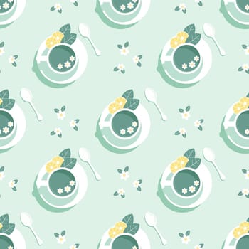 Seamless pattern, cups with mint tea with lemon slices, top view. Illustration, background