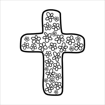 Cross full of flowers doodle vector illustration on white background. Religion symbol.
