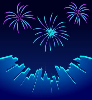 City skyline with festive fireworks. Glowing light over the city. Vector holiday cityscape background