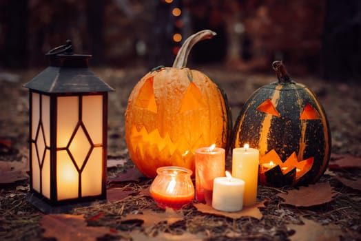 Burning candles, lantern, pumpkins on foliage in forest
