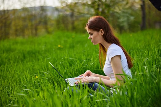 female freelancer working in nature sitting in the grass in nature with a laptop