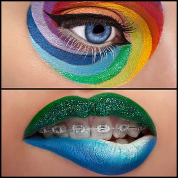 Collage of an eye and lips with fashion on stage make up. Macro shooting. Beauty fashion on stage make up