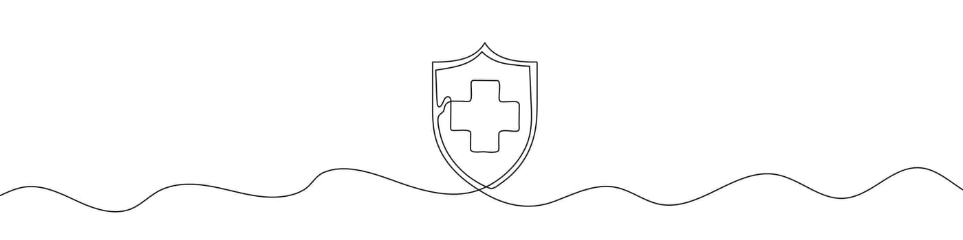 Continuous line drawing of medical shield. One line drawing background.